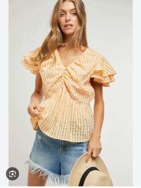Chicsoul Sz 3x Pleated V-Neck Flutter Sleeve Blouse in Yellow Stripe